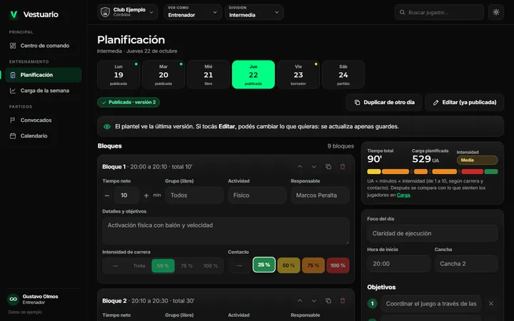 Weekly plan with blocks, times, intensity and who runs each block. Opens the full screenshot
