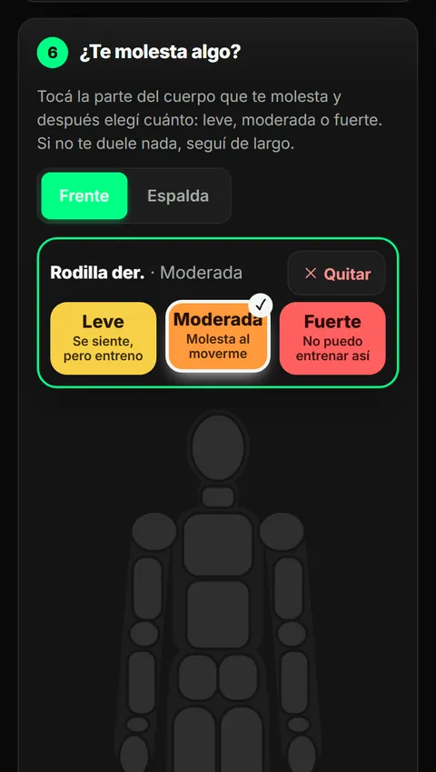 Body map on an athlete's phone, with the right knee marked as moderate soreness