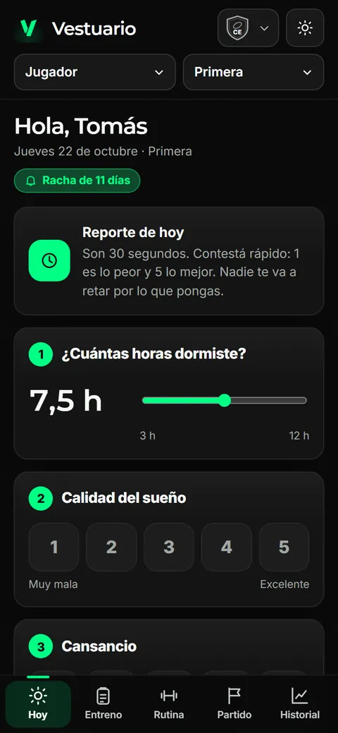 An athlete's daily check-in on the phone: hours of sleep and sleep quality, from 1 to 5